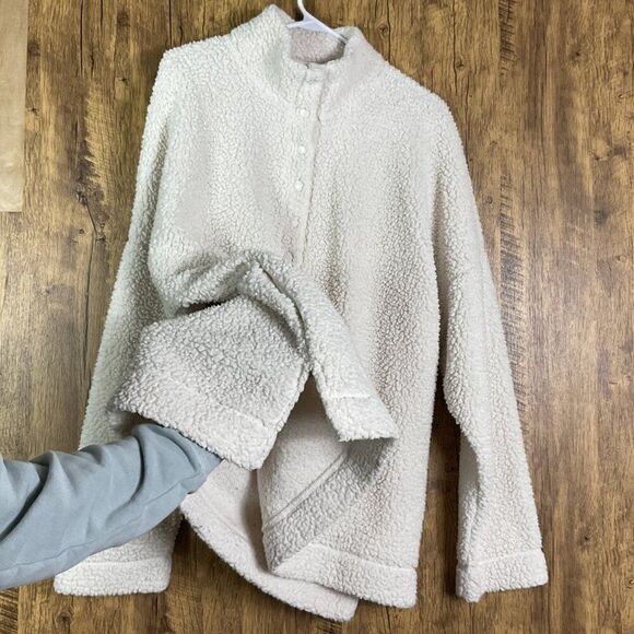 Aerie Cloud Sherpa Oversized Pullover Sweatshirt, XL, Button-Up High Collar - Picture 6 of 13